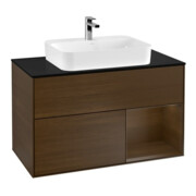 V&B Meuble sous lavabo Finion 100, bleu, porte droite, poignée en noyer