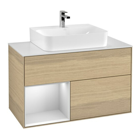 V&B Meuble sous lavabo Finion 100, bleu, porte gauche, blanc laqué, ouverture à ven