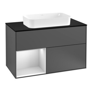 V&B Meuble sous lavabo Finion 100, éclairage mural, anthracite, gauche, blanc, laqué