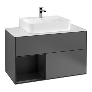 V&B Meuble sous lavabo Finion 100, éclairage mural, anthracite, gauche, laqué bleu