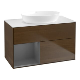 V&B Meuble sous-lavabo Finion 100, éclairage mural, anthracite, laqué, veinage bois