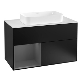 V&B Meuble sous-lavabo Finion 100, éclairage mural, anthracite mat, blanc mat, laqué bleu