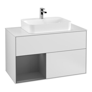 V&B Meuble sous lavabo Finion 100, éclairage mural, anthracite mat, blanc mat laqué, côté gauche