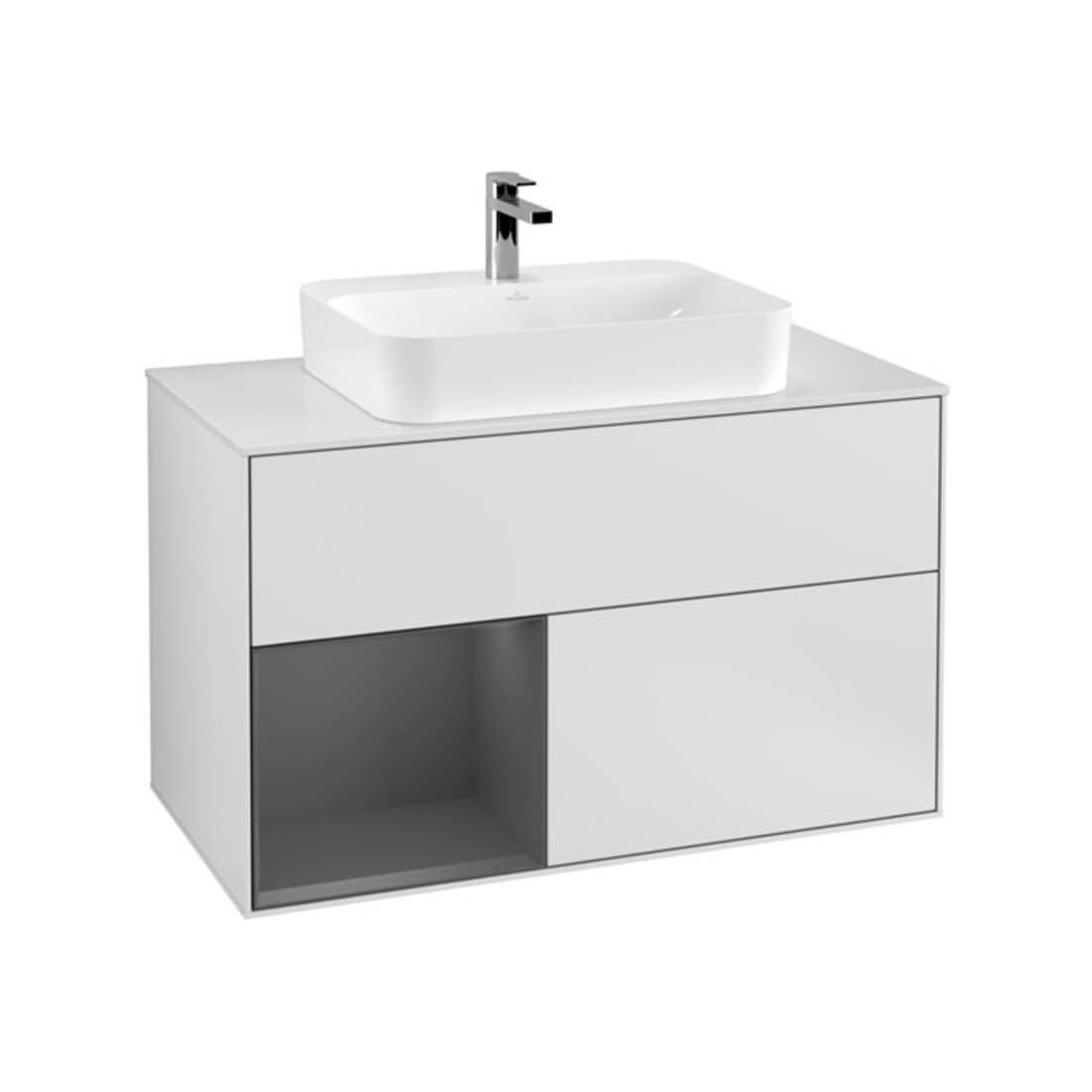 V&B Meuble sous lavabo Finion 100, éclairage mural, anthracite mat, blanc mat laqué, côté gauche