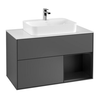 V&B Meuble sous lavabo Finion 100, éclairage mural, anthracite mat, laqué bleu