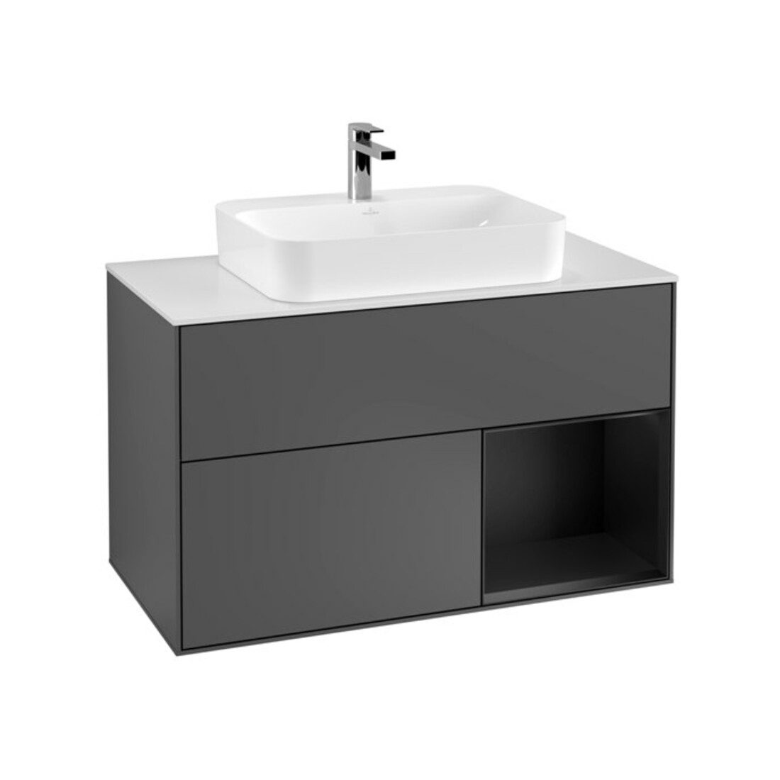 V&B Meuble sous lavabo Finion 100, éclairage mural, anthracite mat, laqué bleu