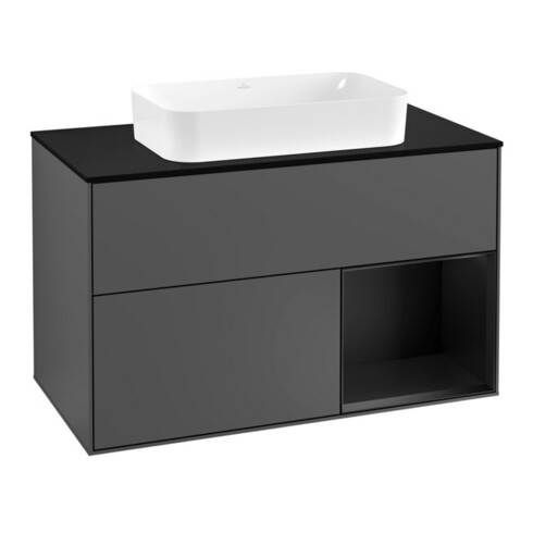 V&B Meuble sous lavabo Finion 100, éclairage mural, anthracite mat, laqué bleu