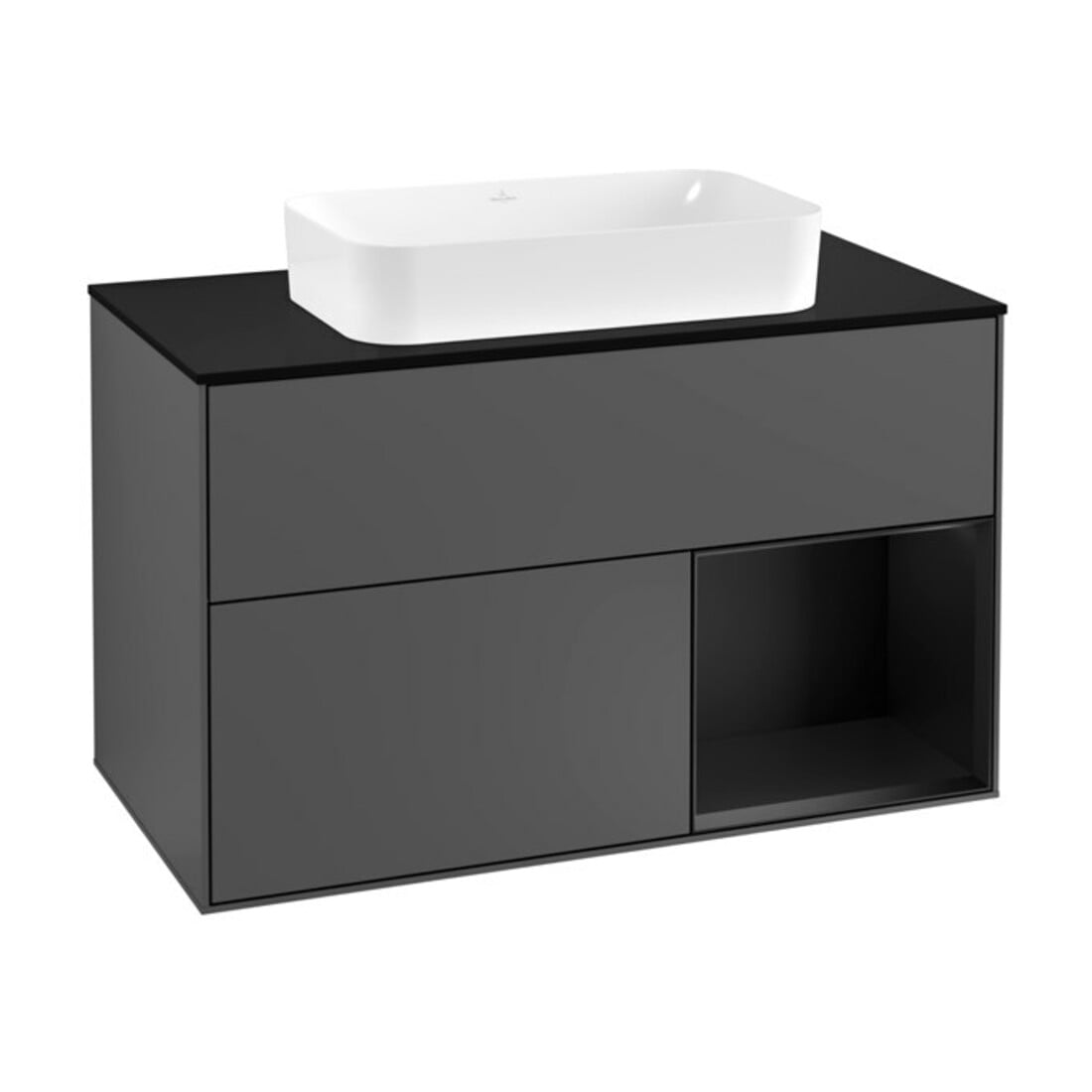 V&B Meuble sous lavabo Finion 100, éclairage mural, anthracite mat, laqué bleu