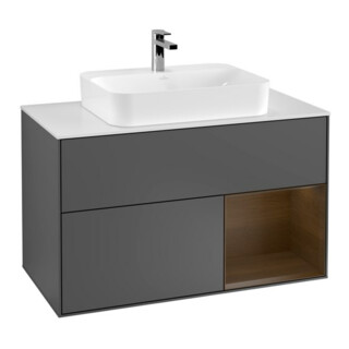 V&B Meuble sous-lavabo Finion 100, éclairage mural, anthracite, placage bois, mat