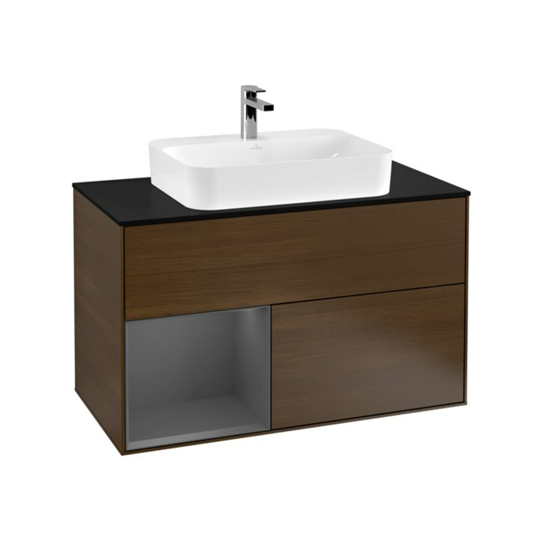V&B Meuble sous lavabo Finion 100, éclairage mural, anthracite, porte gauche, placage noyer
