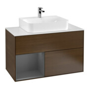 V&B Meuble sous lavabo Finion 100, éclairage mural, anthracite, porte gauche, placage noyer