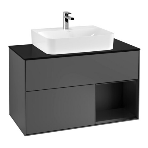 V&B Meuble sous lavabo Finion 100, éclairage mural, anthracite, verre bleu