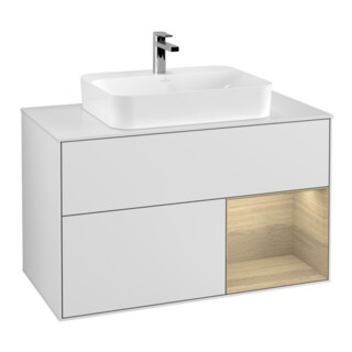 V&B Meuble sous lavabo Finion 100, éclairage mural, blanc, avec étagère, laqué blanc