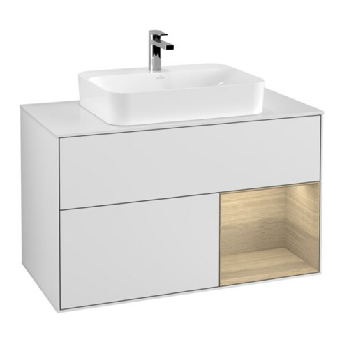 V&B Meuble sous lavabo Finion 100, éclairage mural, blanc, avec étagère, laqué blanc