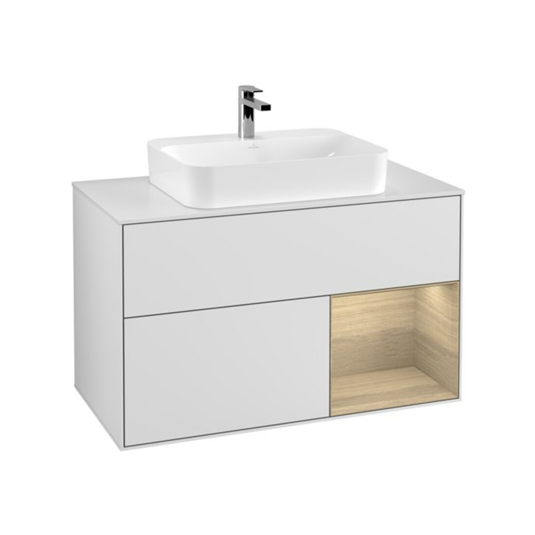 V&B Meuble sous lavabo Finion 100, éclairage mural, blanc, avec étagère, laqué blanc