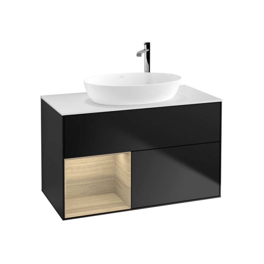 V&B Meuble sous lavabo Finion 100, éclairage mural, blanc, avec rangement, bleu mat laqué