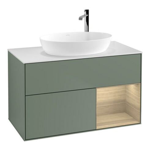 V&B Meuble sous lavabo Finion 100, éclairage mural, blanc, avec rangement, olivier mat laqué