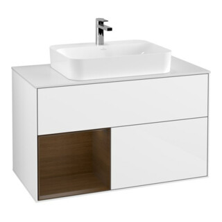 V&B Meuble sous lavabo Finion 100, éclairage mural, blanc brillant