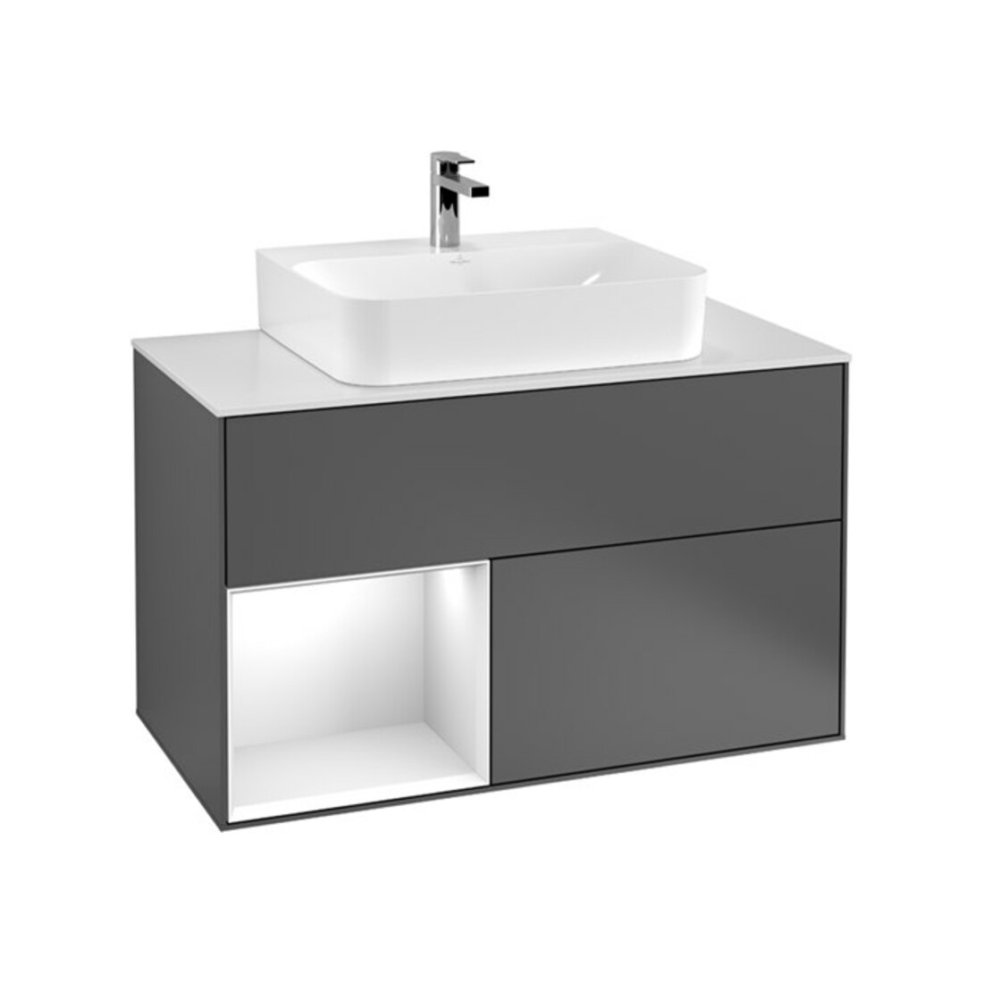V&B Meuble sous lavabo Finion 100, éclairage mural, blanc brillant Lac