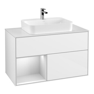 V&B Meuble sous lavabo Finion 100, éclairage mural, blanc brillant lacqué
