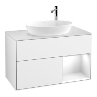 V&B Meuble sous-lavabo Finion 100, éclairage mural, blanc brillant laqué