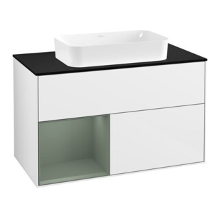 V&B Meuble sous lavabo Finion 100, éclairage mural, blanc brillant laqué