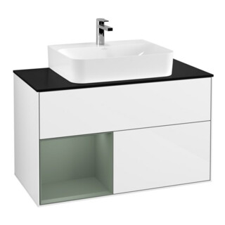 V&B Meuble sous lavabo Finion 100, éclairage mural, blanc brillant laqué