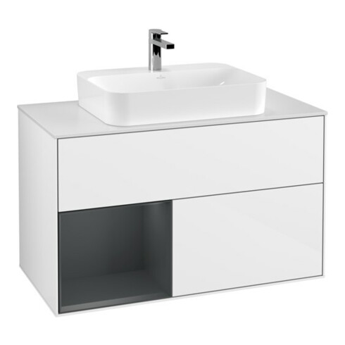 V&B Meuble sous lavabo Finion 100, éclairage mural, blanc brillant, laqué