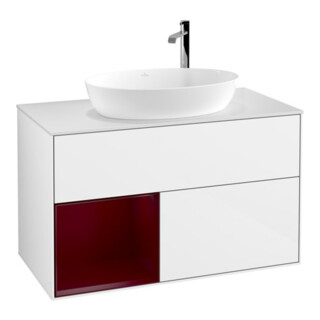 V&B Meuble sous lavabo Finion 100, éclairage mural, blanc brillant laqué