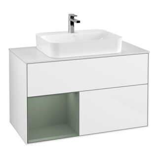 V&B Meuble sous lavabo Finion 100, éclairage mural, blanc brillant, laqué blanc