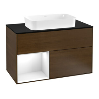 V&B Meuble sous lavabo Finion 100, éclairage mural, blanc brillant, placage noyer, rég. gauche