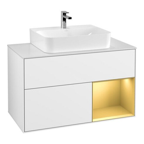 V&B Meuble sous-lavabo Finion 100, éclairage mural, blanc brillant, réglette or mat, laque blanc brillant