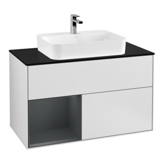 V&B Meuble sous lavabo Finion 100, éclairage mural, blanc laqué