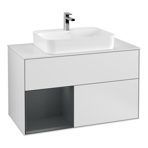 V&B Meuble sous lavabo Finion 100, éclairage mural, blanc laqué, mat