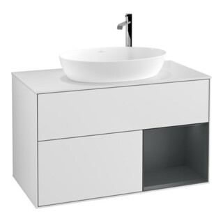 V&B Meuble sous lavabo Finion 100, éclairage mural, blanc mat, avec étagère médiane laquée blanche mat