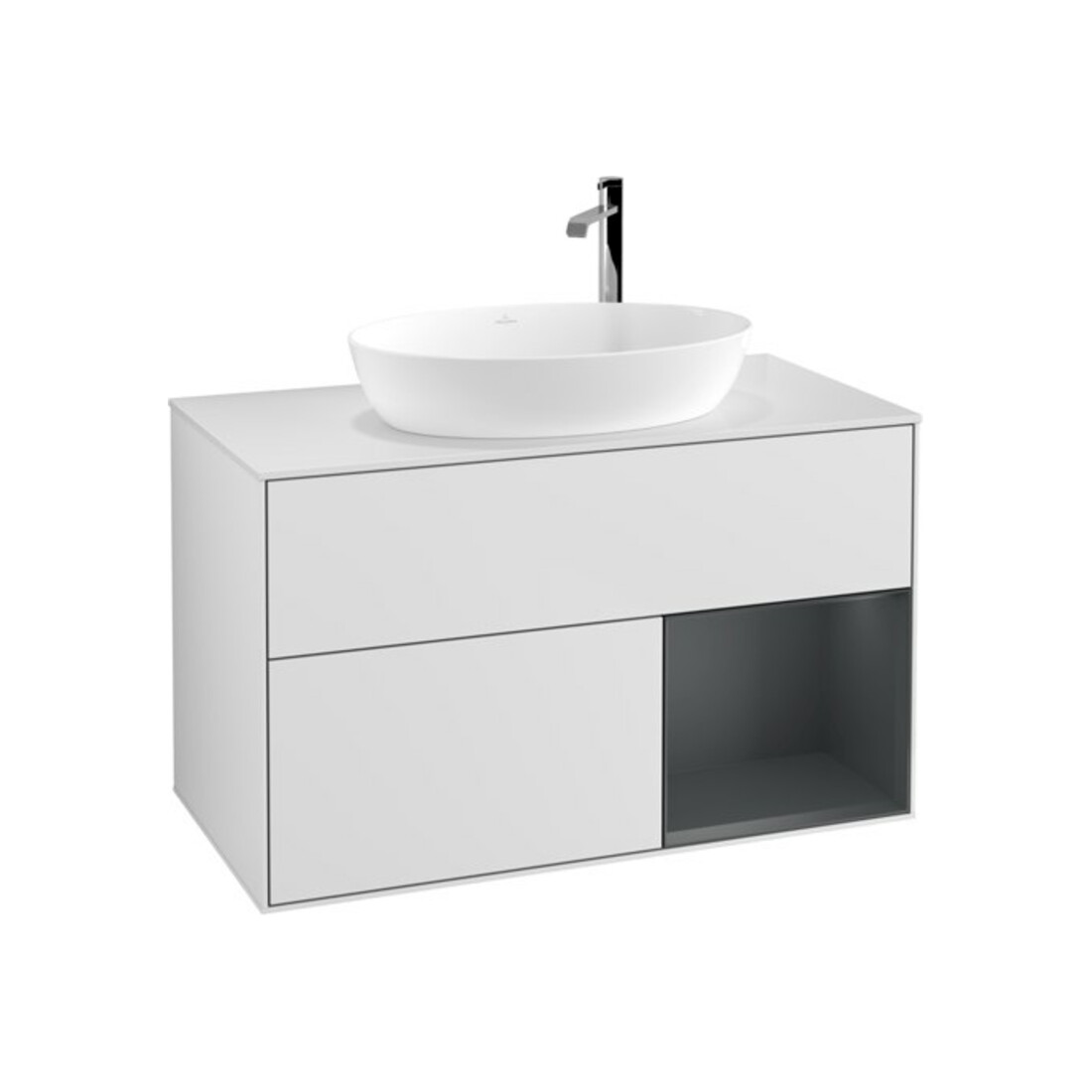 V&B Meuble sous lavabo Finion 100, éclairage mural, blanc mat, avec étagère médiane laquée blanche mat