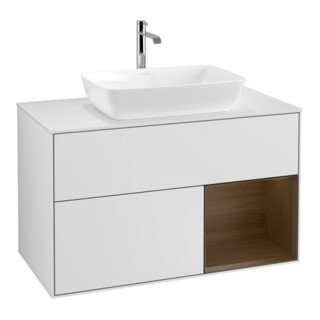 V&B Meuble sous lavabo Finion 100, éclairage mural, blanc mat, bois noyer, blanc mat laqué