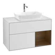 V&B Meuble sous lavabo Finion 100, éclairage mural, blanc mat, bois noyer, blanc mat laqué