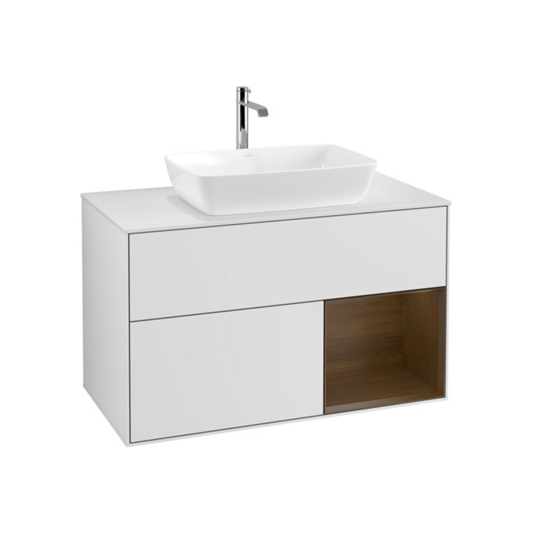 V&B Meuble sous lavabo Finion 100, éclairage mural, blanc mat, bois noyer, blanc mat laqué