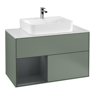 V&B Meuble sous-lavabo Finion 100, éclairage mural, blanc mat, chêne clair mat laqué, huile mat laqué
