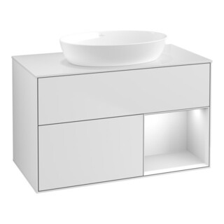 V&B Meuble sous-lavabo Finion 100, éclairage mural, blanc mat, étagère blanc mat laqué
