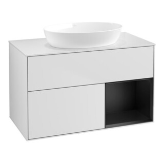 V&B Meuble sous lavabo Finion 100, éclairage mural, blanc mat, étagère bleue mat laquée, blanc mat laqué