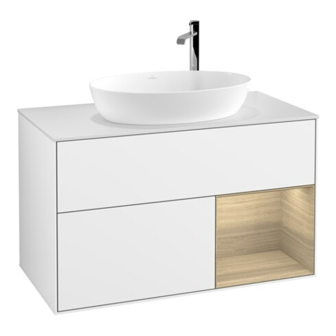 V&B Meuble sous lavabo Finion 100, éclairage mural, blanc mat, étagère Oa ven, laqué blanc brillant