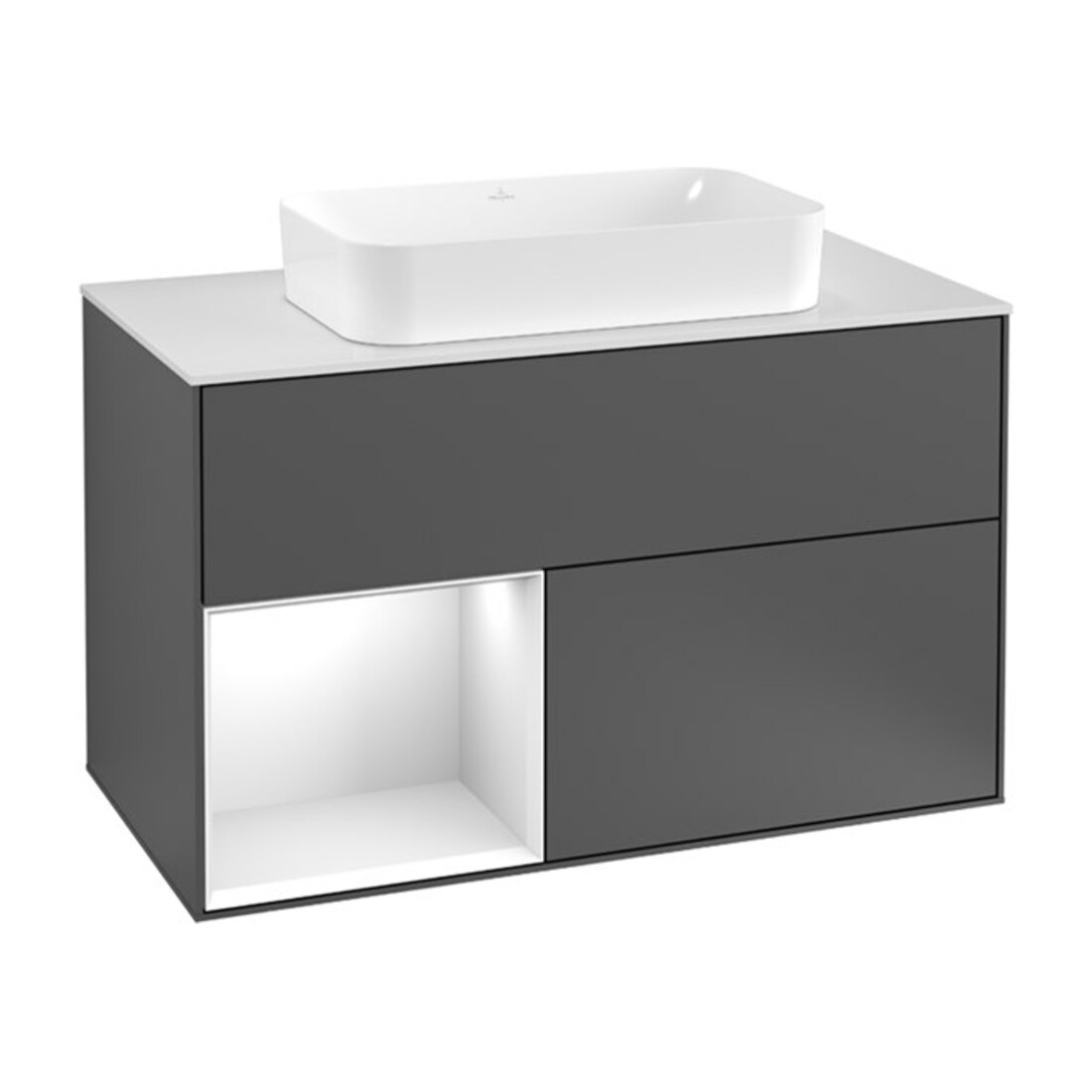 V&B Meuble sous lavabo Finion 100, éclairage mural, blanc mat laqué