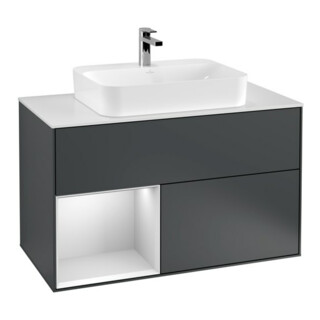 V&B Meuble sous lavabo Finion 100, éclairage mural, blanc mat, laqué, avec miroir blanc mat, laqué