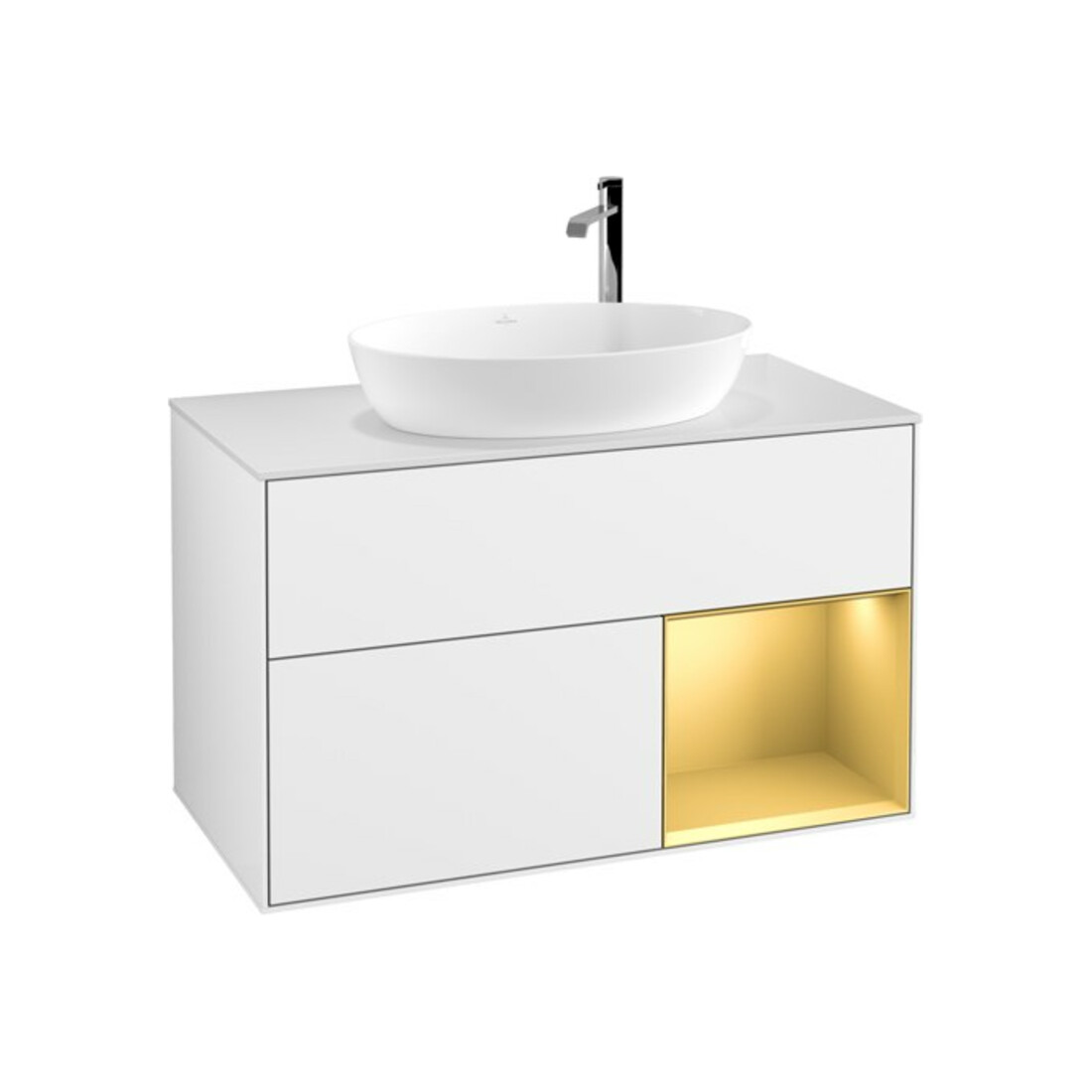 V&B Meuble sous lavabo Finion 100, éclairage mural, blanc mat, laqué brillant blanc