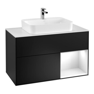 V&B Meuble sous lavabo Finion 100, éclairage mural, blanc mat, laqué brillant blanc, bleu mat laqué