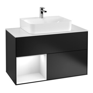 V&B Meuble sous lavabo Finion 100, éclairage mural, blanc mat, laqué brillant blanc, laqué bleu mat