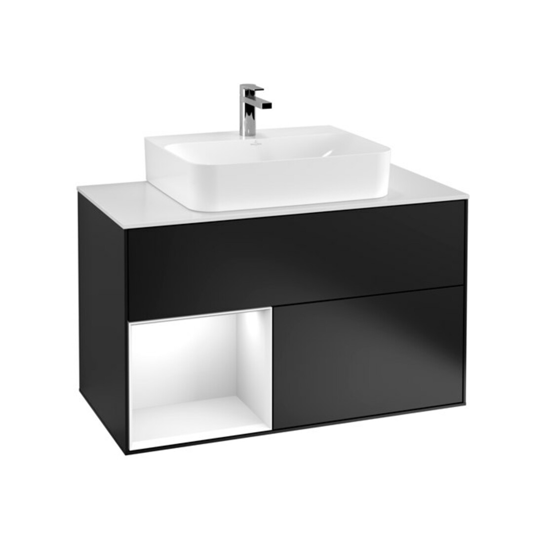 V&B Meuble sous lavabo Finion 100, éclairage mural, blanc mat, laqué brillant blanc, laqué bleu mat