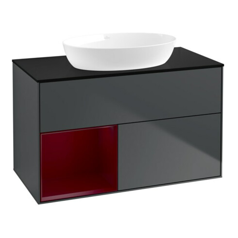 V&B Meuble sous-lavabo Finion 100, éclairage mural, blanc mat laqué, façade laquée bleu mat